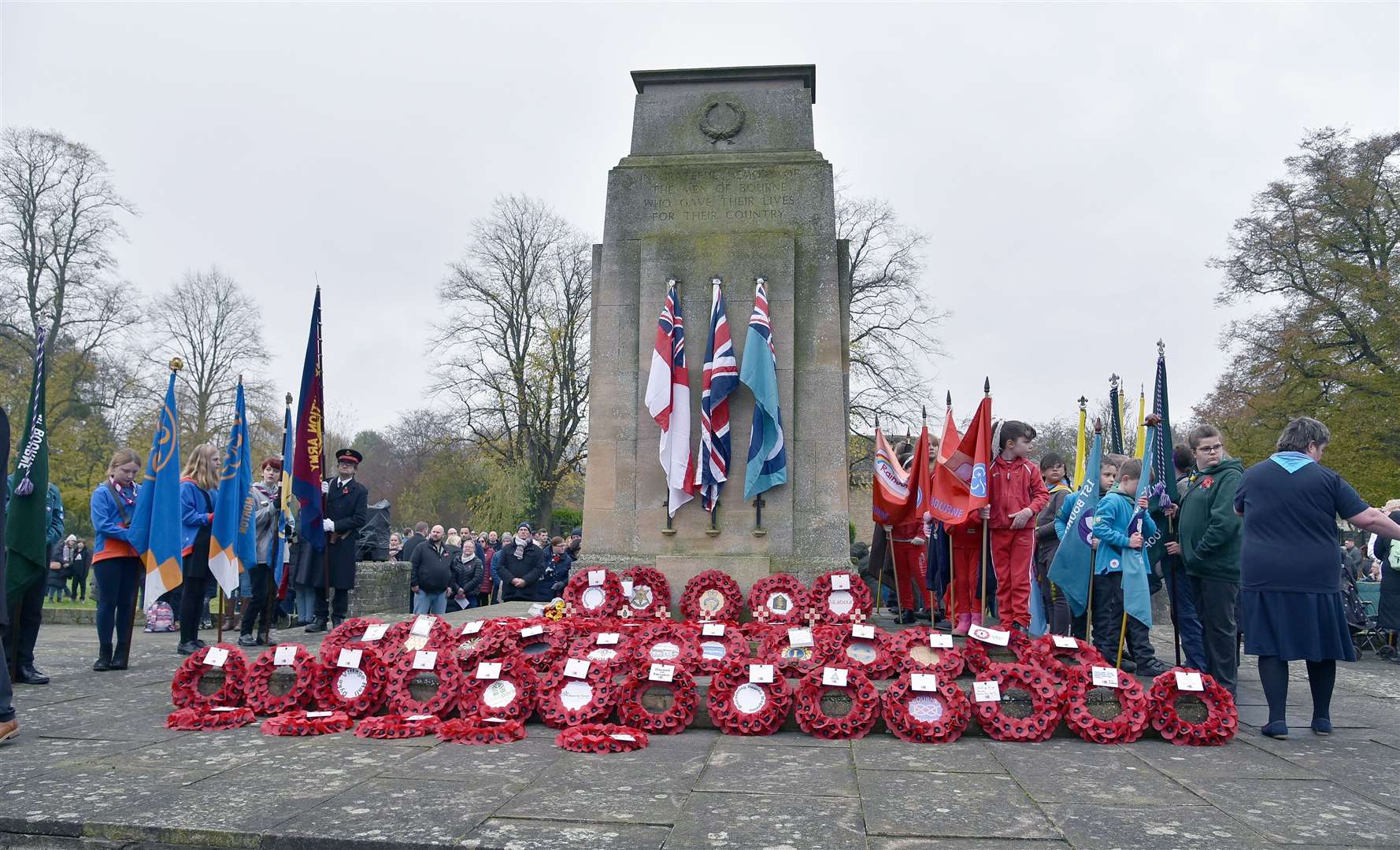 Wreaths laid on the war memorial in Bourne
